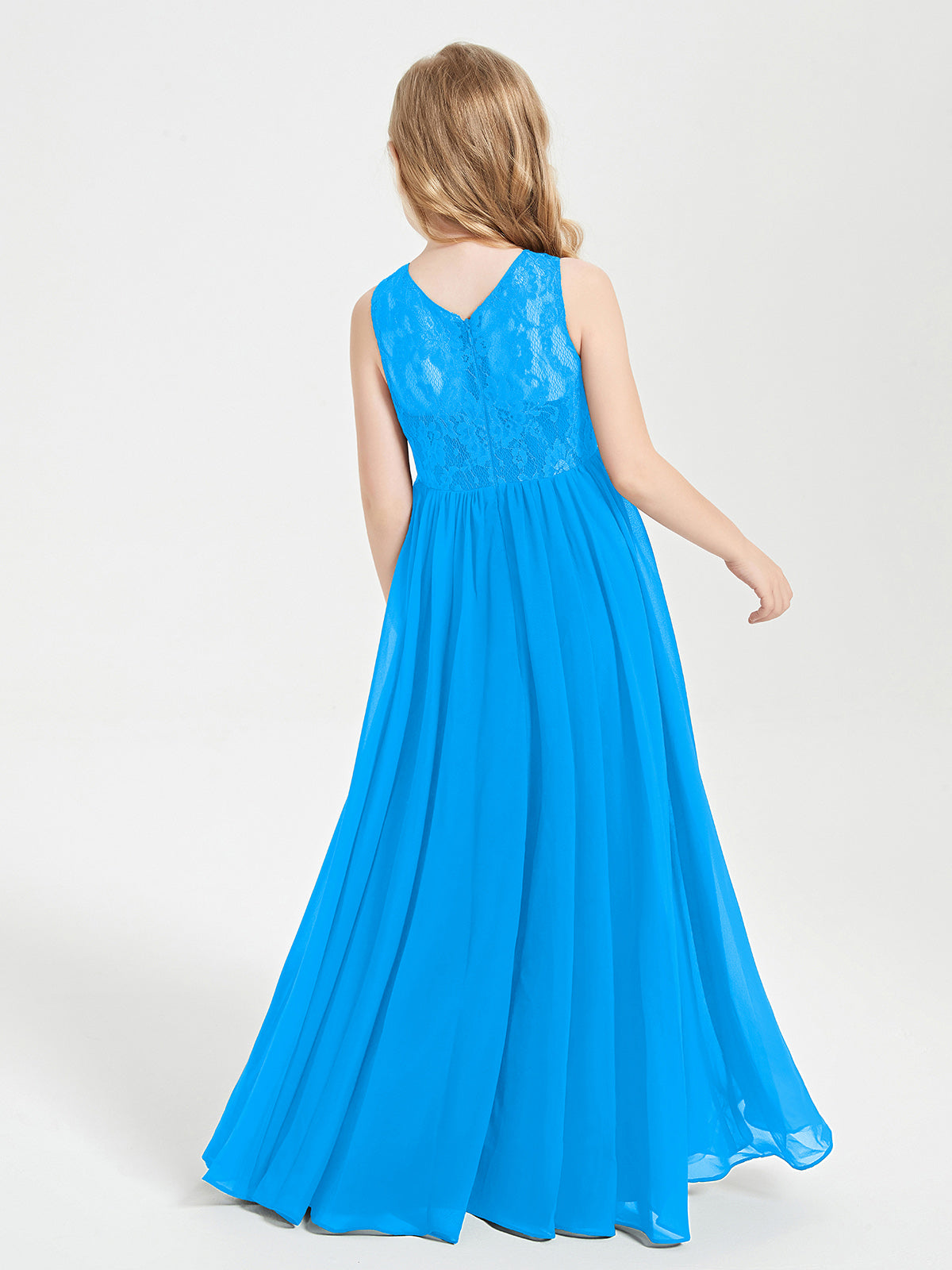 Long Junior Bridesmaid Dresses Lace Top Ocean Blue
